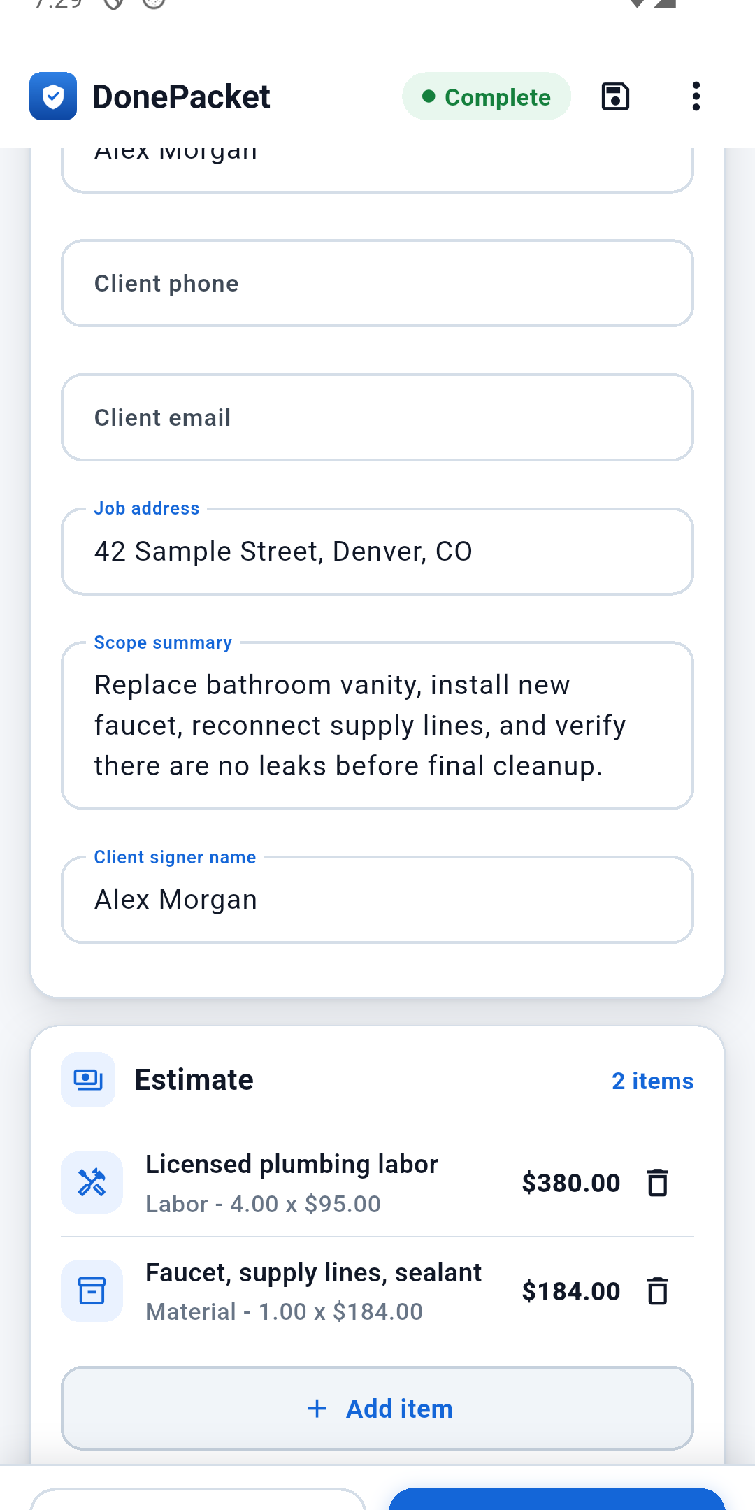 Estimate approval screen in DonePacket