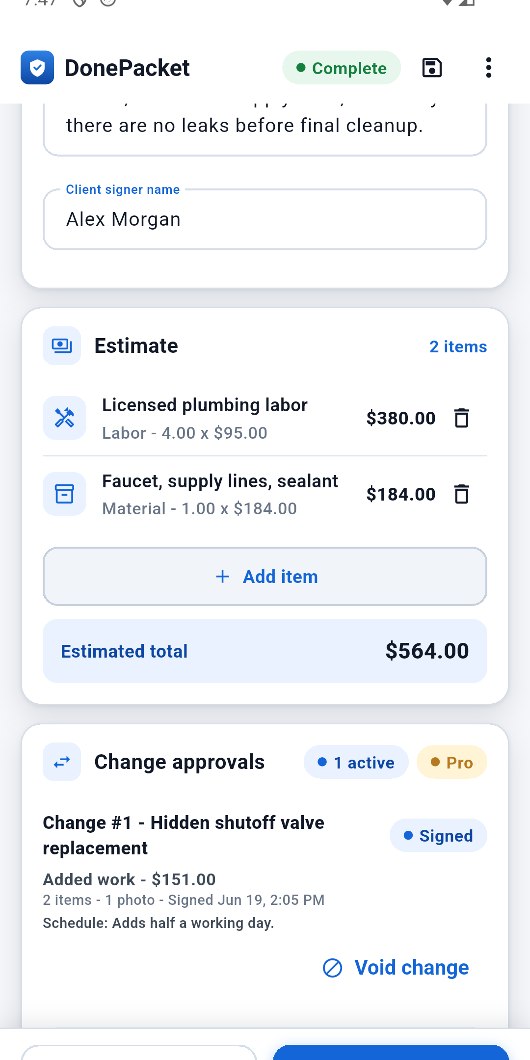 Signed change approval in DonePacket
