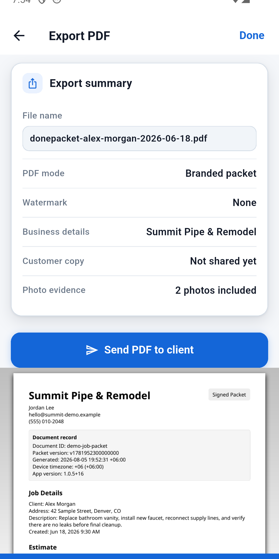 Branded PDF export preview in DonePacket