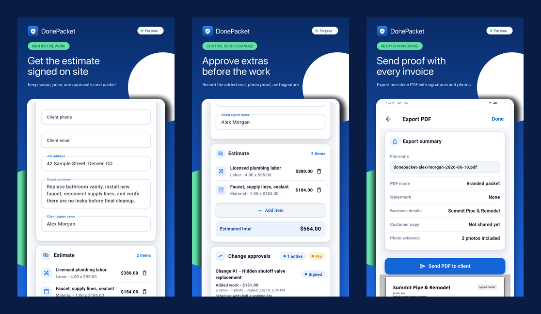 DonePacket estimate, change approval, and PDF export screens